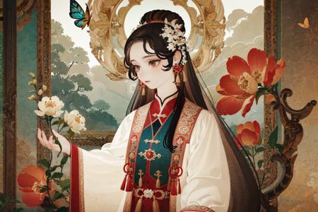 1girl, solo, jewelry, closed eyes, earrings, black hair, chinese clothes, long hair, hanfu, upper body, long sleeves, cloud, wide sleeves, flower, hair ornament, facial mark, close up