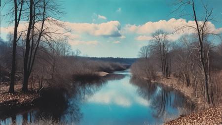 (((landscape of a river and trees in the distance with a blue sky in the background and a few clouds in the sky, 1980s movie footage vhs movie, high contrast)))<lora:Vintage_Street_Photo:1.0>
