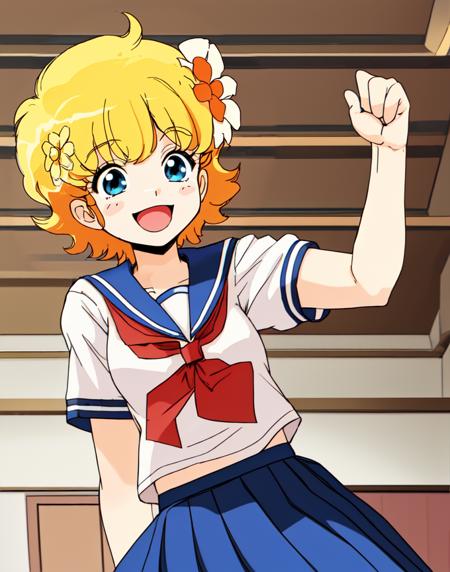 high res, c-ko, 1girl, cute, blonde hair, short hair, flower, upper body, happy, school uniform, blue collar, skirt, short sleeves, indoors, happy, clenched fist <lora:Project_A-Ko-000012:1>