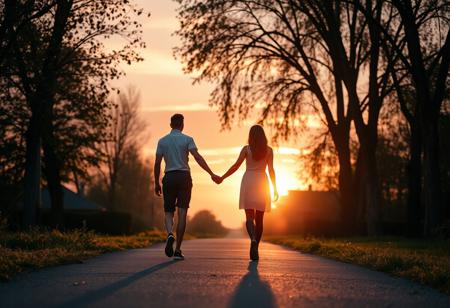 detailxl Photograph Taken on Nikon D750, Alphonse Mucha, 8K, athletic figure, Hyperdetailed, hyperrealism, Attractive,
A heartfelt, intimate photo of two people walking hand in hand down a quiet path during the golden hour, just before sunset. The sky is painted with soft pink, orange, and purple hues, casting a warm glow on the scene. The path is surrounded by tall trees with leaves slightly blowing in the breeze, giving a sense of calm and peacefulness. One person is gently leading the other, their hands tightly clasped, symbolizing support and trust. The atmosphere feels serene and reflective, with long shadows stretching out behind them. The photo’s focus is on the connection between the two, emphasizing the feeling of guidance, comfort, and companionship through life’s journey.