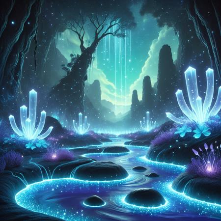 <lora:Bioluminescent_World:1>(masterpiece), (best quality), (ultra-detailed fantasy art), (cinematic landscape illustration), 8k, breathtaking bioluminescent world at dusk â a glowing valley filled with radiant flora, bioluminescent trees with crystalline trunks tower above gently swaying grass that pulses with soft teal and amethyst light, a meandering river of liquid light reflects the twin moons overhead, mist rolls along the valley floor with scattered golden fireflies drifting like stardust, surreal floating islands hang above the horizon casting soft shadows, delicate translucent butterflies shimmer with opalescent wings, the lavender sky is streaked with aurora-like light veils, quiet waterfalls sparkle as they tumble into glowing pools, everything lit with gentle ambient light and subtle God rays, hyperrealistic details, volumetric lighting, soft painterly textures blended with crisp fantasy realism, atmosphere of serenity and awe, inspired by Moebius and Studio Ghibli, trending on ArtStation