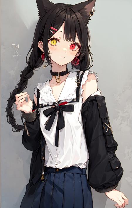 1girl, animal_ears, bangs, black_collar, black_hair, braid, choker, closed_mouth, collar, dog_ears, dress, earrings, expressionless, gradient, gradient_background, grey_background, hair_ornament, hairclip, heterochromia, inui_toko, jacket, long_hair, long_sleeves, looking_at_viewer, off_shoulder, red_eyes, sailor_collar, shirt, simple_background, single_braid, skirt, solo, twin_braids, twintails, upper_body, virtual_youtuber, yellow_eyes <lora:style_赤仓:1>
Negative prompt: sketch, duplicate, ugly, huge eyes, text, logo, monochrome, worst face, (bad and mutated hands:1.3), (worst quality:2.0), (low quality:2.0), (blurry:2.0), horror, geometry, bad_prompt, (bad hands), (missing fingers), multiple limbs, bad anatomy, (interlocked fingers:1.2), Ugly Fingers, (extra digit and hands and fingers and legs and arms:1.4), crown braid, ((2girl)), (deformed fingers:1.2), (long fingers:1.2),succubus wings,horn,succubus horn,succubus hairstyle, (bad-artist-anime), bad-artist, bad hand,EasyNegative
Steps: 20, Sampler: DPM++ 2M Karras, CFG scale: 9.5, Seed: 4053471275, Size: 672x1056, Model hash: 1065c5d2e0, Model: CreationMixV1, Denoising strength: 0.62, Clip skip: 2, Hires upscale: 1.6, Hires steps: 15, Hires upscaler: Latent

