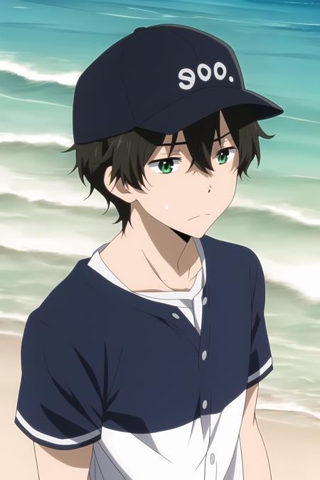 oreki houtarou, 1boy, male focus, solo, brown hair, green eyes, closed mouth, baseball cap, beach, upper_body, water, waves