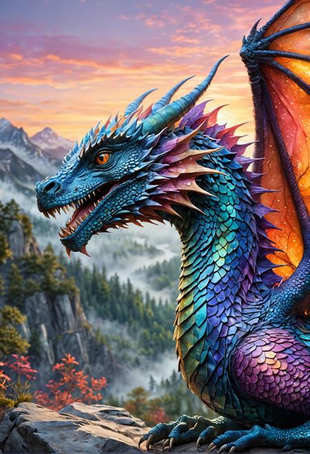 Meet the Luminawrap: a mystical creature with iridescent scales that shimmer in blues and purples, golden hues, fiery oranges, and soft pinks (colors). Camera angle: overhead, with a slight zoom-in to highlight the creature's intricate features.  Drawing style: Watercolor, Cartoon, Realism. Mixing watercolor's softness with cartoon's playfulness and realism's detail, we get a unique visual representation of the Luminawrap's ethereal beauty.  Prompt: "A high-quality, 4K, detailed, ultra-HD rendering of a majestic dragon soaring through a misty valley at sunrise."