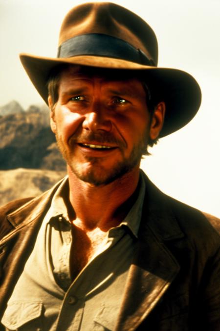 lomo style portrait of Harrison Ford as indiana jones behind the scenes