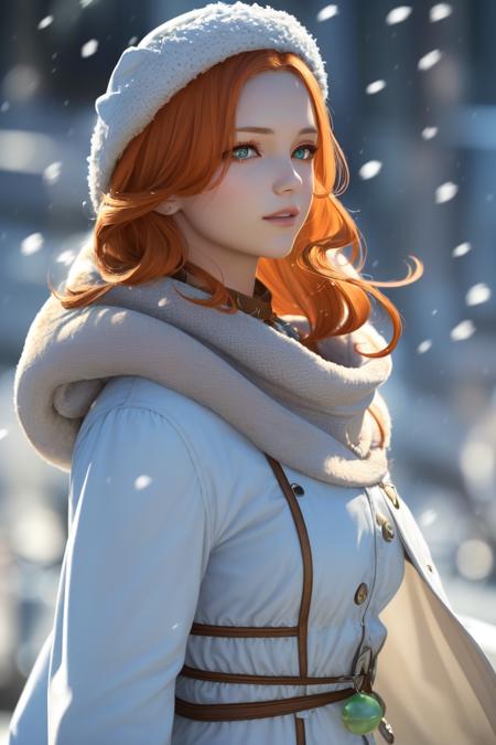 nophica, 1woman, red hair, (green eyes), green necklace, <lora:nophicaV1:0.6>, (sfw), ((motherly)), curvy, milf, (white tshirt), ((winter coat)), (long coat), dior, RAW photo, best quality, high resolution, (masterpiece), (masterpiece), (photorealistic), professional photography, sharp focus, HDR, 8K, intricate detail, sophisticated detail, hyper detailed, (bokeh),half body, female focus, winter night, snowing, particles, ((blurry_background))