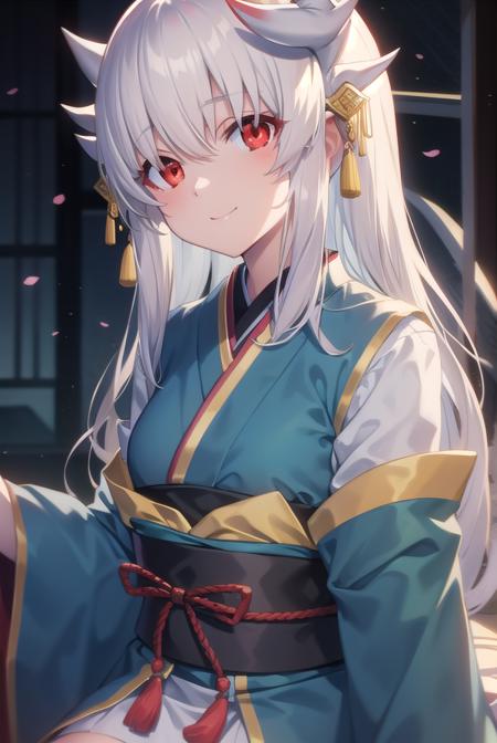 kiyohime, <lora:kiyohime-lora-nochekaiser:1>,
kiyohime, white hair, dragon girl, dragon horns, horns, long hair, (red eyes:1.5), smile, (small breast:1.2),
BREAK japanese clothes, obi, sash, thighhighs, wide sleeves, yukata,
BREAK looking at viewer,
BREAK indoors,
BREAK <lyco:GoodHands-beta2:1>, (masterpiece:1.2), best quality, high resolution, unity 8k wallpaper, (illustration:0.8), (beautiful detailed eyes:1.6), extremely detailed face, perfect lighting, extremely detailed CG, (perfect hands, perfect anatomy),