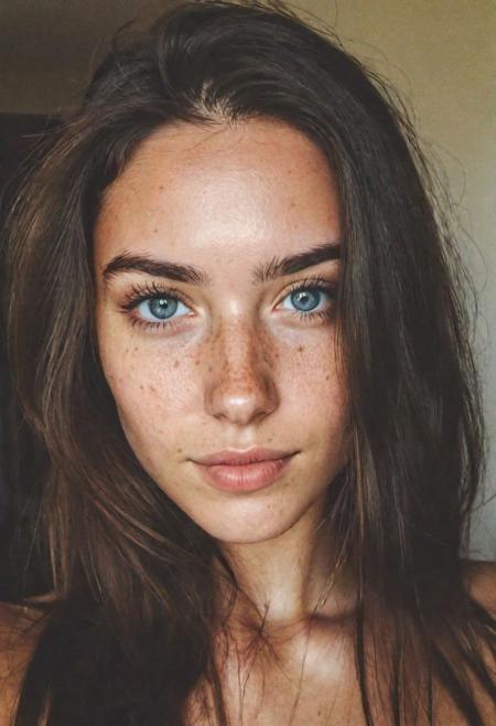 instagram selfie , a 23 year old gorgeous woman , slight smile , detailed skin face and eyes , natural lighting , at home , long hair, topless , film grain, low contrast, natural face , freckles , black hair , blue eyes, dark circles under eyes