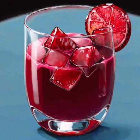 glass of red juice with ice cubes in it, stylized foods, art by fod5tle <lora:stylized foods-000020:0.6>