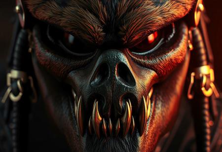 8K UE5/Octane close-up of a hyper-detailed grimdark predator mask with fur-textured brown/black surface, razor teeth, and gold-buckled straps. Cinematic 3-point lighting (warm key/cool fill/blood-red rim), nanite geometry for micro-details, ray-traced metal reflections. Kodak grain, chromatic aberration, custom LUT. #Grimdark #ConceptArt