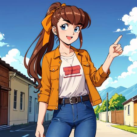 masterpiece,high quality,solo,outdoors,
<lora:mistybrown001:0.7>,looking at viewer,smile,open mouth,hand up,
mistybrown,1girl,
long hair,ponytail,hair ribbon,thick eyebrows,brown hair,blue eyes,
shirt,jacket,
belt,jeans,