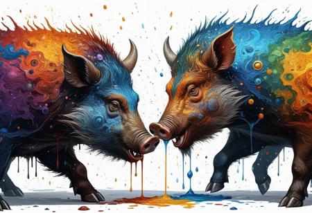 Finely detailed vector illustration. fighting boars, universe, ultra realistic quality,circle symbols,white background, oil painting, hyperdetailed, intricately detailed,  triadic colors,fantastical,intricate detail,splash screen,complementary colors, fantasy concept art, 8k resolution, masterpiece,oil painting,heavy strokes,paint dripping.