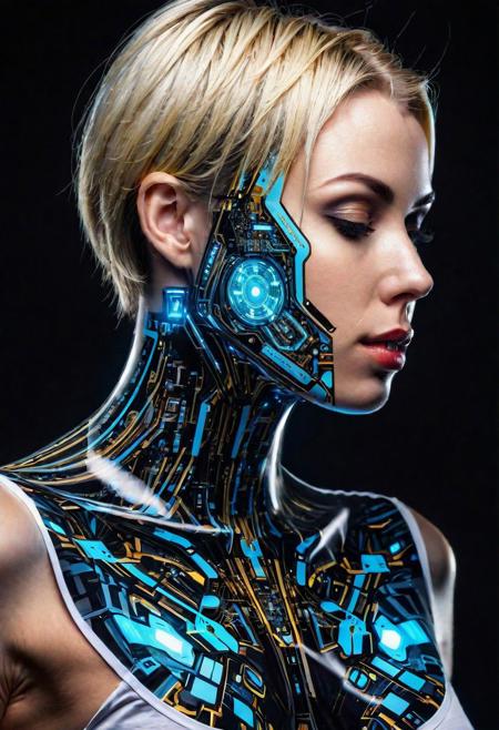 ( Ultradetailed desing T-Shirt square inside portrait woman and take only head Android man and kissing, Sci-Fi marc , 8k , tecnology detailed,chips, mechanism, beautiful neon colors , blonde and black hair, scuare desing:1.0)