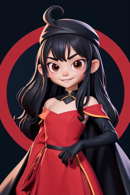 megumin, 1girl, bare shoulders, black cape, black gloves, black hair, blush, cape, choker, collarbone, dress, hair between eyes, hat, long sleeves, looking at viewer, medium hair, off-shoulder dress, off shoulder, red dress, red eyes, sidelocks, solo, witch hat, indoors