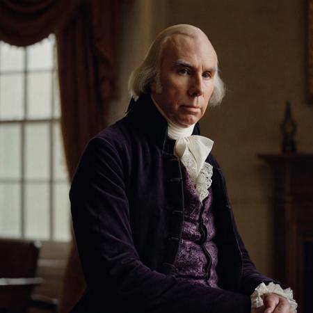 front shot, portrait photo of (( James Madison)) , looks away, natural skin, skin moles, cozy interior, 17th century attire, (cinematic, film grain:1.1)