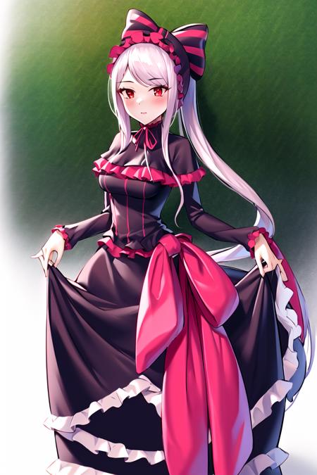 shalltear bloodfallen, casual dress, 1girl, solo, red eyes, dress, long hair