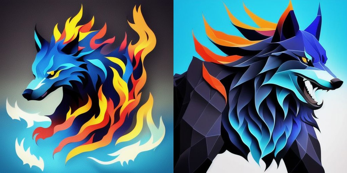 a (learned_embeds-step-2000:1.0), logo multi color wolf, blue fire, open mouth