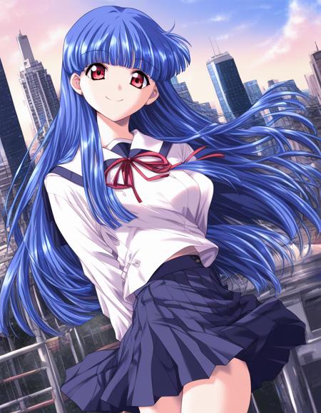 ShinonomeMizuki, blue hair, long hair, red eyes, bangs, breasts,