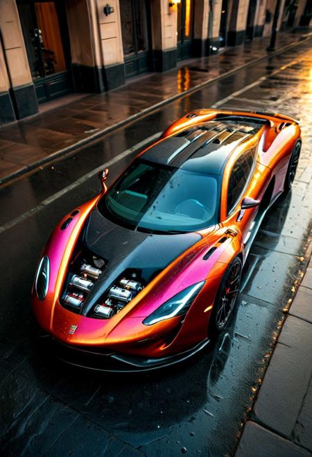 Imagine a bustling city street at dusk, bathed in the warm glow of sunset as the setting sun casts long shadows across a sleek, super exotic car, amazingly vivid colors,  LED Light accents, Carbon Fiber, futuristic, ultramodern car design. Electric Vehicles. The car is the battery - it is made of batteries. Batteries are both Form & Function.  Focus on the batteries both as a decoration or highlighted characteristic, cutting-edge design, supercars crafted entirely from luminous batteries. Roof & Hood are integrated solar panels, carbon fiber accents, incredibly powerful engines, and Futuristic Battery technology. The vibrant colors of the batteries shine brightly, reflecting the ambient lights of the surrounding architecture, while the cars are posed dynamically, as if on the verge of racing down the empty street. Cinematic lighting highlights every curve and contour, enhancing the ultra HD resolution with stunning clarity. Raindrops begin to fall, their reflections sparkling like jewels on the polished surfaces, adding depth to the scene. An atmosphere of innovation and elegance envelops the photo shoot, transforming this urban landscape into a masterpiece of modern design. The result is breathtaking, captured in rich HDR with ultra detail, suitable for 16K resolution displays.