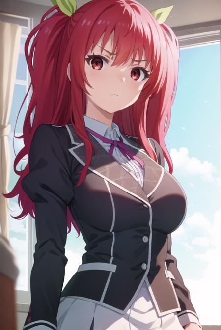 stellavermillion, <lora:stella vermillion s1-lora-nochekaiser:1>,
stella vermillion, long hair, (red eyes:1.3), ribbon, twintails, hair ribbon, red hair, angry, frown,
BREAK skirt, long sleeves, school uniform, juliet sleeves, blazer, black blazer, ribbon, red ribbon, choker, white sleeves, sleeveless blazer, (puffy sleeves:1.2),
BREAK indoors, classroom,
BREAK looking at viewer, (cowboy shot:1.5),
BREAK <lyco:GoodHands-beta2:1>, (masterpiece:1.2), best quality, high resolution, unity 8k wallpaper, (illustration:0.8), (beautiful detailed eyes:1.6), extremely detailed face, perfect lighting, extremely detailed CG, (perfect hands, perfect anatomy),