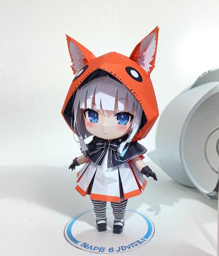 (Highest picture quality),(Master's work), papercraft, 1girl, chibi,Simple background,((White background:1.2)),animal ears, rabbit ears, gloves, long hair, dress, capelet, black gloves, simple background, pantyhose, grey background, full body, white hair, white dress, striped, blue eyes, long sleeves, standing, bangs, blush, shoes, hood, mary janes, closed mouth, bow, black pantyhose, looking at viewer, black footwear, striped pantyhose, shadow, hood down,full body,