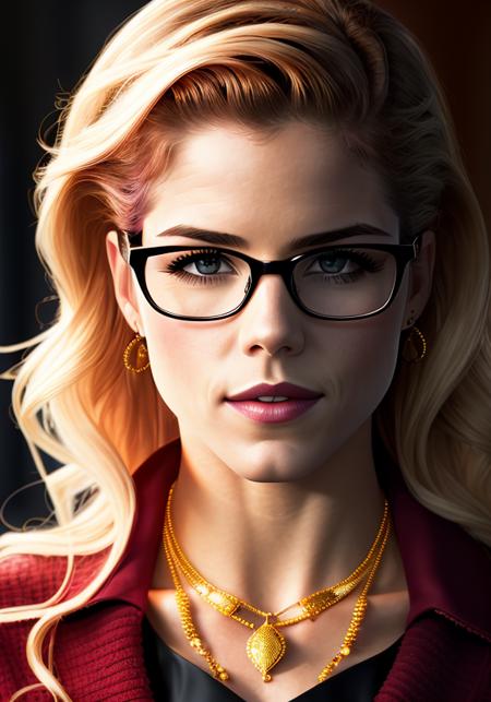 photo of (FelicitySmoak:0.99) wearing glasses, wearing a red blouse, with a black cardigan, with a pearl necklace, high detail, high quality , highly detailed skin, realistic face, (grey eyes:1.1), leica 50mm