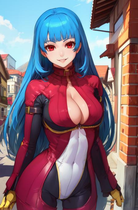 Kula, blue hair, red eyes,  bang, long hair,  cleavage, 
purple bodysuit,  yellow gloves,  smile,   hips, 
standing,   cold weather, town,     
(insanely detailed, beautiful detailed face, masterpiece, best quality), solo, 
 <lora:Kula:0.8>