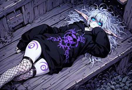 score_9, score_8_up, score_7_up, score_6_up, Expressiveh, undead, deathknight, g0thicPXL, masterpiece, perfect face, 1girl, night elf, goth, tall girl, pointy ears, long ears, (light blue eyes, glowing eyes), ((pale white skin, violet warpaint, violet bodytattoo, violet facetattoo)), (white hair, messy hair, bangs), piercings, garouma, oversized hoodie, black hoodie, long sleeves, sleeves past wrists, fishnet stockings, cabin, cozy, detailed body, detailed face, solo, ghosts, dynamic angle, lying on the ground