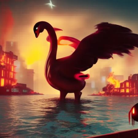 a black swan with red eyes swimming in a sea by night, flames and burning buildings in the background, concept art, cyberpunk, HQ, 4K