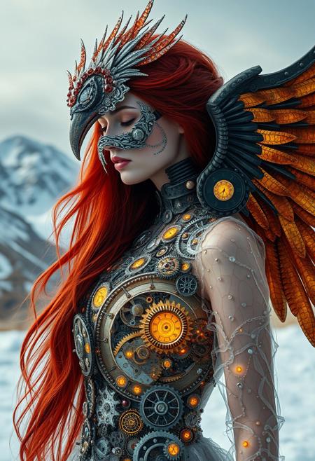 (Soft Lighting Photography by Mimoza Veliu and Mario Giacomelli:1.2), NSFW,  　masterpiece, surreal, elegant, long-haired woman with red hair, seamlessly merging with a clockwork phoenix, her crystal dress transformed into an intricate network of blackened gears and springs, each part interlocking with metallic precision and glowing with a faint, yellow luminescence, elaborate silver and red mask with frosted details, frozen mountains backdrop with sunny and sand formations, intricate details throughout the scene, reflecting a red-tinted metallic sheen that contrasts with the black and  yellow crystalline elements of her form, enchanting and eerie, dark queen, beauty, glacial elegance, 8k, hyperrealistic, soft focus, sexy, dynamic poses, fire