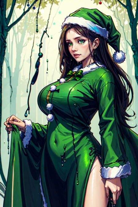 Woman in a green santa suit,  christmas theme,  dripping,  green,  trees,