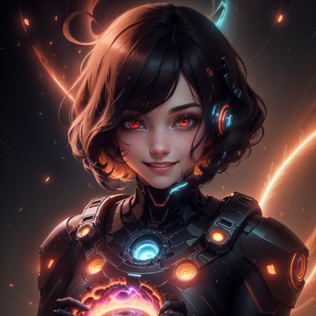 <lora:InfraBlackholeTech-20:0.8>,inblackholetech  ,scifi, blackhole, excessive energy,
scholar , scroll, 1girl,long hair,    smile ,closed mouth, bob cut, ,colored glowing  hair ,glowing eyes,