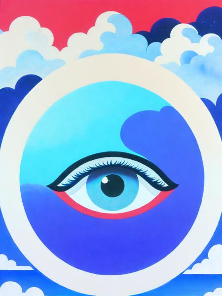 <lora:HiroshiNagai:1>a painting of an eye in the middle of a circle with clouds in the background by Hiroshi Nagai