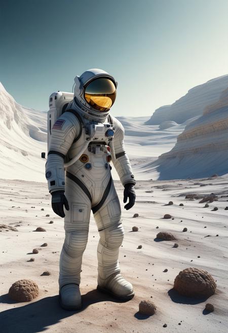 Generate a hyperrealistic, photorealistic  of aGalactic Exploration. Astronauts exploring a desolate alien planet, with a focus on the gritty textures of their suits and the vastness of the landscape, inspired by Helnwein's dramatic compositions and Kassan's detailed figures. Incorporate Patterson's sense of solitude and isolation.
