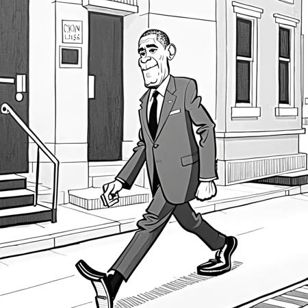 monochrome cartoon of Barack Obama,  walking down the street,  in donmartin style,   action lines, HQ, high resolution, masterpiece , martinwalkstyle     <lora:DonMartin_StyleXLv6.6:1.0>