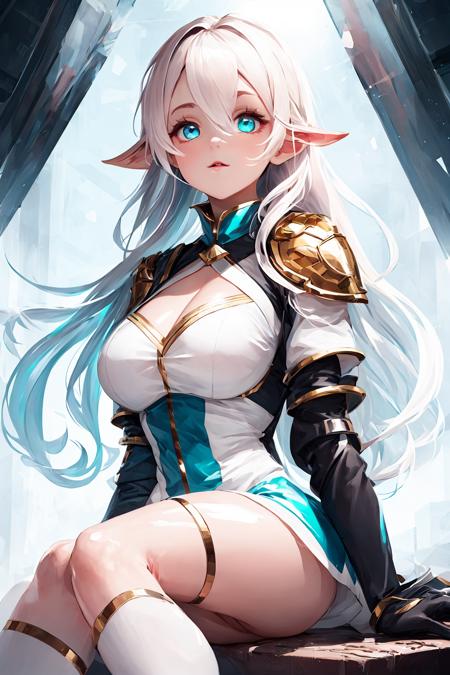 beautiful cool elf girl, detailed clear white skin face, closed mouth, long airy multicolored hair blue, cleavage breasts, soft boobs, fat thigh, knee socks, short skirt, white school blouse