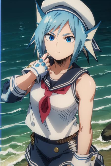 sirius, short hair, blue eyes, blue hair, head fins, skirt, shirt, gloves, hat, white shirt, sleeveless, black gloves, fingerless gloves, black skirt, sailor collar, neckerchief, wrist cuffs, sleeveless shirt, white headwear, red neckerchief, sailor hat,