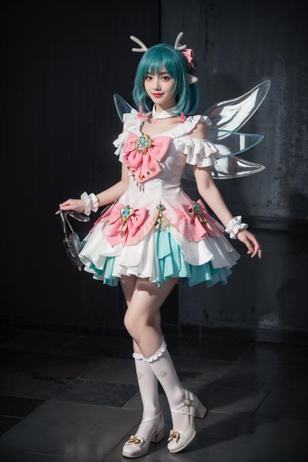 yao cosplay costume, aqua hair, dress, shoulder cutout, frills, choker, wrist cuffs, antlers, horns, bow, wings, hair ornament, animal ears, hair bow, hairclip, socks, kneehighs, shoes, high heels