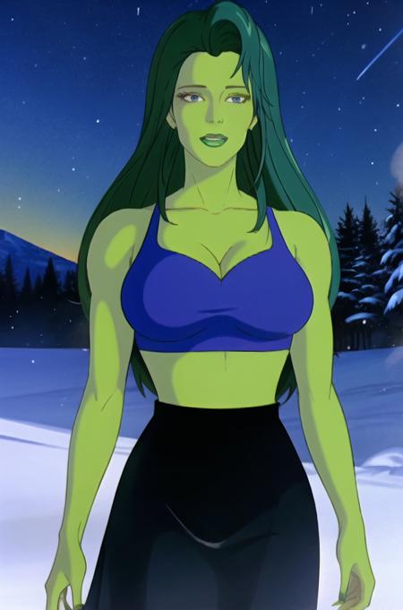 ((best quality)),((masterpiece)),((realistic)),((strikingly beautiful mature_female)),<lora:shehulk_v10:0.65>,shehulk_bluebikini,shehulk_chr_face,green_skin,green_hair,short_hair,colored_skin,breasts,green_eyes,muscular,abs,cleavage,makeup,collarbone,lipstick,lips,large_breasts,blue_crop_top,tank_top,skirt,looking at viewer, toned,curvy, narrow waist, solo,colorful,absurdres,ornate,(extremely detailed CG unity 8k wallpaper),scenery,aurora, night, onsen, outdoors,snow, snowflakes,steam, water, starry sky, lantern, ice, shooting star, (cinematic look),(on eye level), (scenic), (masterpiece),