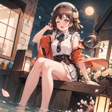 (best quality), (masterpiece), incredibly_absurdres, highly detailed, refined rendering, illustration, (highres), original, night_sky, 
(close_on:1.2), (close shot), (sitting on the tree) and soaking feet,1girl,ksm, <lora:ksm_DA-000014:1>,(peach blossom), flowers, (flower) tree, Petals on water, floating Petals, [[full moon]]