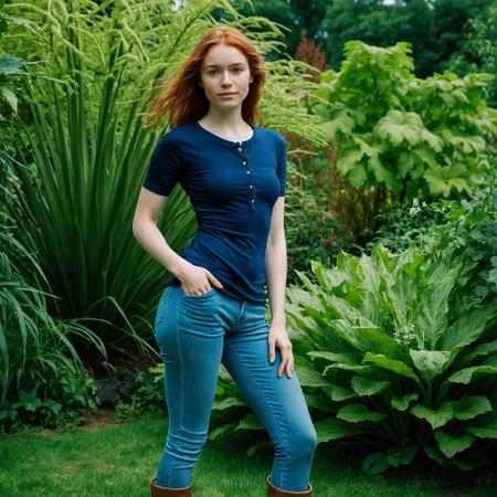 RAW full body analogue photo of a beautiful 20 years old woman, clear focus, 8K,__Random_Woman__,wearing dark blue shirt, buttoned shirt, cleavage, small breasts, round breasts, hips, big tighs, slender girl with big thighs, thigh gap, black capri leggings, tight pants, standing in botanical garden, friendly smile, looking at viewer ,photo Fantasy art combining the styles of Boris Vellejo and Luis Royo,Photorealistic, real photo, god rays, 1girl, 21yo,realistic, ,Sexy pose, erotic pose, exhibitionism ,retro arcade lounge