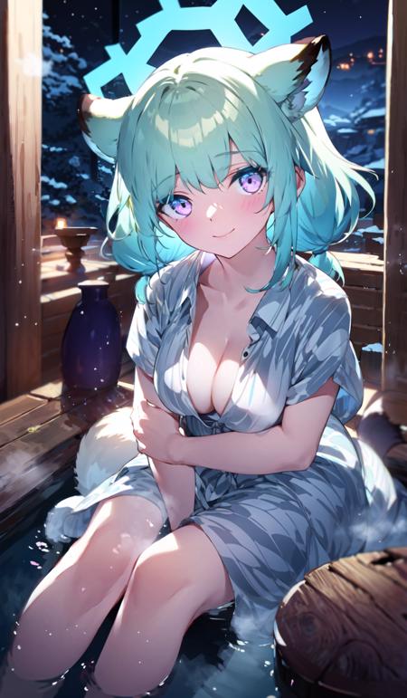 (full_body), 1girl, solo, petite, shigure \(blue archive\), (animal ears), (weasel_ears), ,(low_twintails), low tied hair, light_smile, blush, bath_yukata, loose_yukata, striped_yukata, (halo:1.3), cyan_hair, light_green_hair, short_hair, purple_eyes, medium_breasts,  closed_mouth, light_smile, naughty_face,(cleavage),sitting, (foot_bath), indoors, (arm_support), night, ((masterpiece)), (highres), (best_quality), (highly_detailed),  (original),(Delicate background),(extremely detailed 8K wallpaper),cinematic lighting, volume lighting, light particles, shaded_face, beautiful_detailed_eyes, depth_of_field, perspective,<lora:æ²¡äººé®æç¨çæ¯ä»ä¹æ¨¡æå°±ä¸æ¹å:1> ,  (steaming_body), (arm_support), onsen, <lora:MayoiShigureMixGamma :1:lbw=char> ,window_shade,