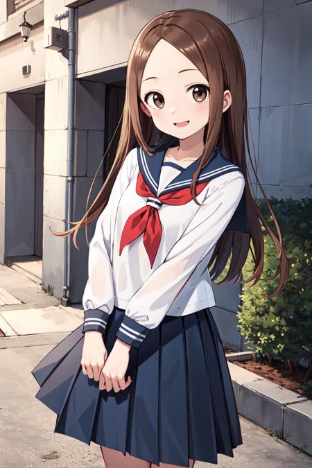 masterpiece, best quality, highres, aatakagi, long hair, sailor collar, red neckerchief, sailor shirt, (white shirt:1.1), long sleeves, pleated skirt, blue skirt, <lora:takagi-san_v1:0.7>, smile, standing, cowboy shot, outdoors,