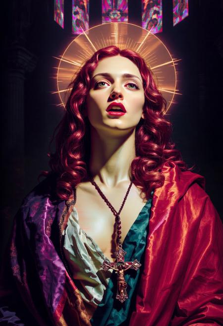 Glitchcore Baroque.Dark cathedral. A young woman with long wavy red hair and red lips dressed in richly coloured scarves draped around her. large cleavage. She is looking at the viewer. Her expression is of religious ecstasy. Mouth light open. An ornate crucifix hangs on a rosary around her neck. Surrounding her head is a radiant halo.
