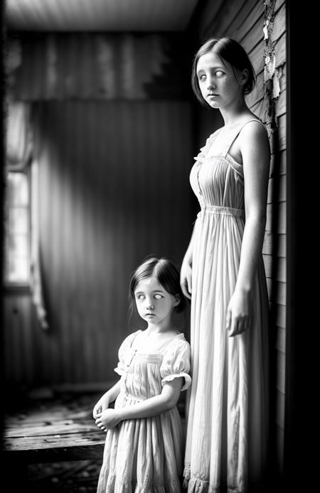 <lora:whiteeyes_16:2> whiteeyes, wet plate photograph (long shot:1.2), of  a girl standing in an abandoned house,  1910s clothing, long (loose:1.2) white dress, photorealistic, desaturated,