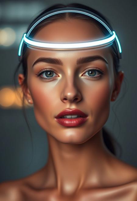 elegant LED-infused headwear as makeup alternative, soft LED accents gently highlighting face, (warm LED glow:1.2) enhancing cheekbones and jawline, minimalist modern design, soft white light framing facial features, (flawless skin:1.3), subtle LED lighting contouring the face, sleek and sophisticated tech-inspired beauty, (natural light-inspired LED glow), soft glowing accents on lips and eyes, refined elegance, high-definition, (glossy skin:1.1), radiant but understated, LED-lit accents mimicking natural makeup, (good anatomy:1.4), balanced lighting creating symmetry, soft and warm light tones, high-resolution, modern minimalist aesthetics, gentle LED reflections enhancing complexion, smooth textures, timeless beauty with modern technology, LED design harmonizing with classical beauty ideals, subtle glow enhancing facial definition