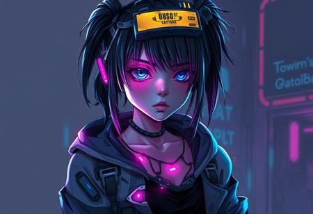 Digital art illustration of a cyberpunk hacker girl with neon glowing body spots and bionic eye, wearing torn clothes and technological gadgets. Introduce neon, dark, worn elements in the aesthetic, nice detail, high quality.