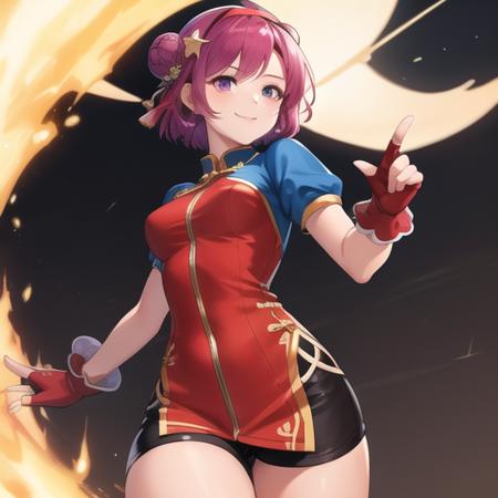 (masterpiece, best quality:1.2),illustration,8k,hd,1girl,solo,upper body,fingerless gloves,short hair,purple hair,purple eyes,smile,hairband,breasts,dress,medium breasts,star hair ornament,chinese clothes,short sleeves,hair ornament,china dress,hair bun,red gloves,red hairband,blue short shorts,boots,<lora:Asamiya Athena-00:0.6>,