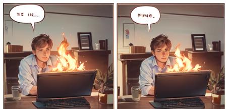 <lora:this-is-fine:1>, 2 panel comic strip, this_is_fine, fire, laptop, english text, "this is fine" , office, sitting, dog, speech bubble