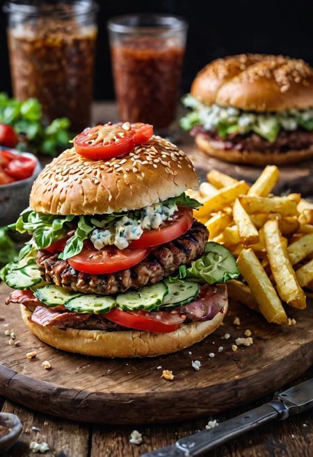 RAW photo, hamburger, a homemade hamburger with a juicy steak, a golden bun with cereals, salad, blue cheese, a large slice of tomato, cucumbers, bacon and accompanied with fries, food photo, DSLR, very colorful, high quality, film grain, very detailed, intricate details, Fujifilm XT